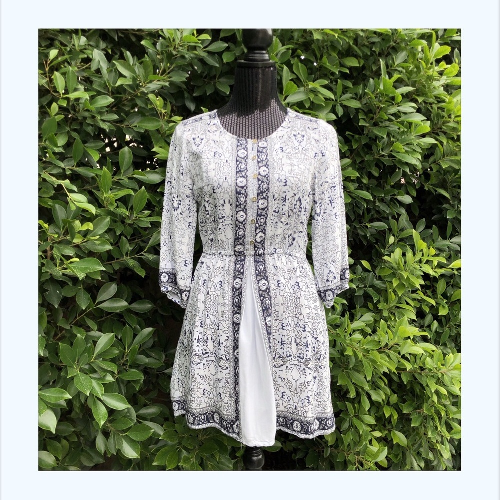 Blue and White floral print mid length dress